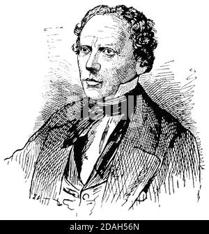 Ritratto di Ludwig Uhland - poeta, filologo e storico letterario tedesco. Illustrazione del 19 ° secolo. Sfondo bianco. Foto Stock