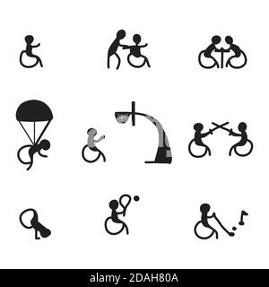Mano disegnata di sport disabili pittogramma nero icone persone non valide impostare l'illustrazione vettoriale isolata Illustrazione Vettoriale