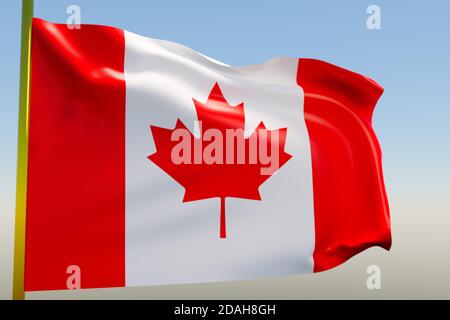 Illustrazione 3D della bandiera nazionale del Canada su un flagpole di metallo che si batte contro il simbolo blu Sky.Country. Foto Stock