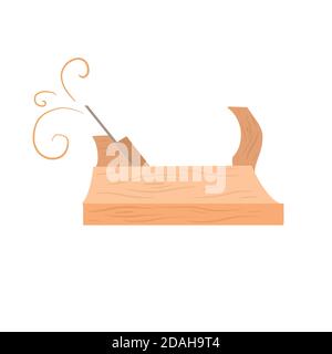 Illustrazione piatta di un piano di falegname di legno con trucioli. Vecchi attrezzi di Falegnameria. Hobby e artigianato. Oggetto cartoon vettoriale per loghi, icone, banner a Illustrazione Vettoriale
