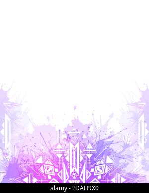Scheda verticale con motivo nativo tribale e spruzzi di acquerello al neon su sfondo bianco. Mandala geometrico. Vettore boho modello per scheda, matrimonio i Illustrazione Vettoriale