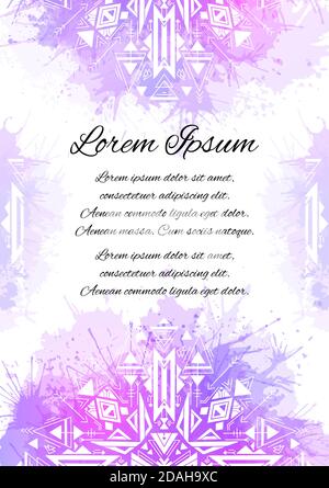 Scheda verticale con motivo nativo tribale e spruzzi di acquerello al neon su sfondo bianco. Mandala geometrico. Vettore boho modello per scheda, matrimonio i Illustrazione Vettoriale