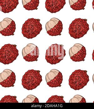 Motivo senza cuciture con lichee di schizzo frutti tropicali su uno sfondo bianco. Bacche intere e metà in fila. Squisita delicatezza esotica. Texture vettoriale per Illustrazione Vettoriale