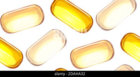 Modello di cartone animato senza soluzione di continuità con pillole di medicina e farmaci su sfondo bianco. Capsule con olio di pesce. Texture vettoriale per tessuti, sfondi e il Illustrazione Vettoriale