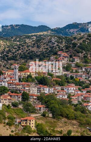 Architettura tradizionale con la famosa torre dell'orologio nel villaggio di montagna Dimitsana ad Arcadia, Grecia Foto Stock