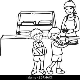 illustrazione vettore doodle disegnata a mano di mensa con due ragazzi vassoio di contenimento isolato su sfondo bianco Illustrazione Vettoriale