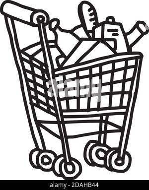illustrazione vettore mano tirato doodle di supermercato carrello con merci isolate su sfondo bianco Illustrazione Vettoriale