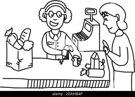 illustrazione vettore mano doodle disegnato da vecchia donna utilizzando bar lettore di codici presso il registratore di cassa del supermercato Illustrazione Vettoriale