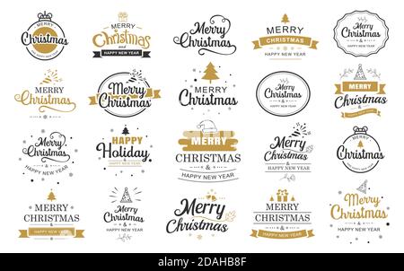 Buon natale e felice anno nuovo etichetta tipografia con simboli set di disegno. Da utilizzare per adesivi, badge, oggetti di artigianato e biglietti d'auguri. Illustrazione Vettoriale