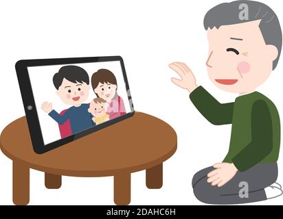 Nonno che ha una videochiamata con la sua famiglia. Illustrazione vettoriale isolata su sfondo bianco. Illustrazione Vettoriale