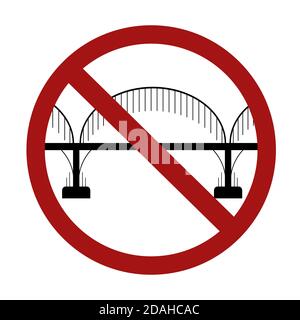 Divieto di costruzione di ponti. Sagoma nera di un ponte su colonne in un segno rosso di divieto. Simbolo vettore non consentito per loghi, icone e y Illustrazione Vettoriale