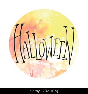 Halloween vacanza. Scritta sulla luna acquerello con spruzzi su sfondo bianco. Notte mistica. Elemento calligrafico vettoriale per inviti, ban Illustrazione Vettoriale