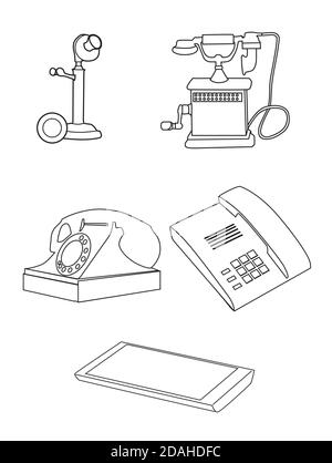 Set di profili diversi telefoni da diversi tempi storici. Smartphone e telefono con cavo. Elemento vettoriale per articoli, banner e. Illustrazione Vettoriale