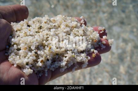 E' la spiaggia di Arutas, nella Sardegna occidentale, una delle spiagge più belle del mondo e famosa per la sua particolare sabbia cristallina Foto Stock