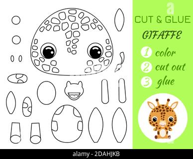 Semplice gioco educativo colorazione pagina taglio e colla seduta giraffa bambino per i bambini. Gioco educativo di carta per bambini prescolare. Colore, parti tagliate e. Illustrazione Vettoriale