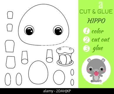 Semplice gioco educativo colorazione pagina taglio e colla seduta bambino ippopotamo per i bambini. Gioco educativo di carta per bambini prescolare. Colore, parti tagliate e gl Illustrazione Vettoriale