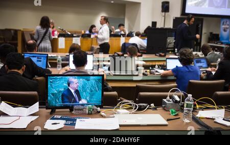NEW YORK, USA - 21 settembre 2016: Centro stampa della 71a sessione dell'Assemblea Generale delle Nazioni Unite a New York Foto Stock