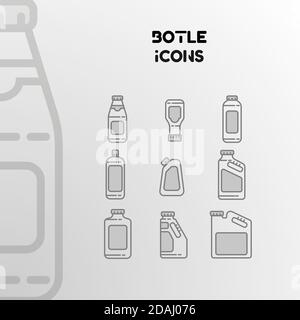 Progettazione di icone vettoriali lineari di bottiglie, lattine e imballaggi. Insieme di oggetti isolati. Illustrazione Vettoriale