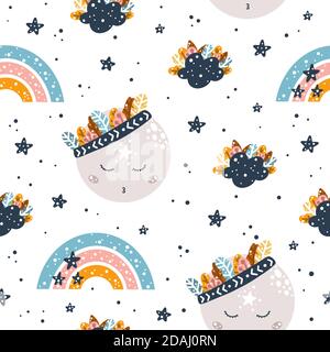 Carino bohémien infantile motivo senza cuciture con elementi del cielo: luna, arcobaleno e stelle in stile scandinavo isolato su sfondo bianco disegnato a mano vecto Illustrazione Vettoriale