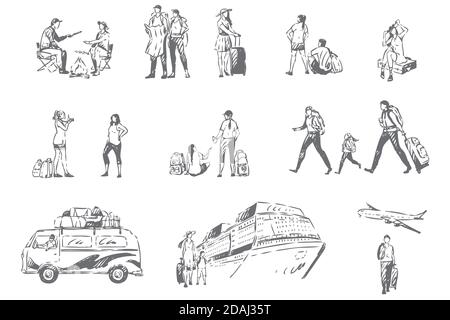 Turismo d'estate, concept sketch di stagione delle vacanze Illustrazione Vettoriale