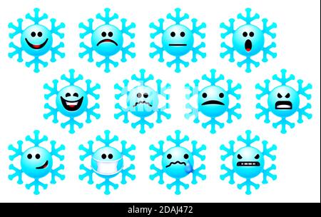Set di emoji fiocco di neve per le vacanze invernali. Collezione a tema natalizio di adesivi o icone con volti sorridenti fiocchi di neve. Emozione della neve a Natale Illustrazione Vettoriale