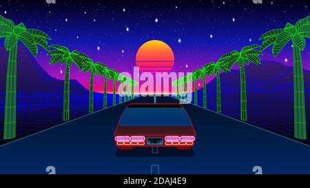 Giro in auto classico degli anni '80 sulla strada con palme, montagne e tramonto. Retrowave o Synthwave arcade vista gioco con gara al sole Illustrazione Vettoriale