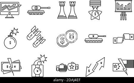 Insieme di icone della guerra commerciale economica, stile di contorno Illustrazione Vettoriale