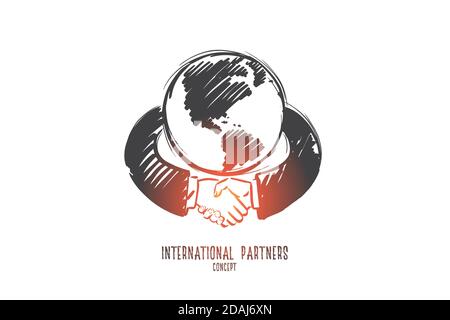 Concetto di partner internazionali. Vettore isolato disegnato a mano. Illustrazione Vettoriale