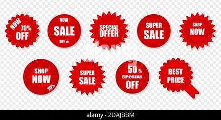 Offerta di sconto sulle etichette dei prezzi dei prodotti. Stagionatura vendita badge vettore isolato pronto all'uso banner di vendita a forma di stella rossa Illustrazione Vettoriale