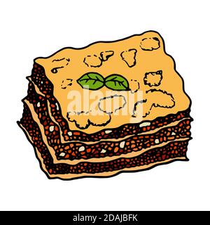 Lasagna cucina tradizionale italiana. Stile di schizzo disegnato a mano. Immagine vettoriale colorata isolato su sfondo bianco per il menu del ristorante e pacchetto d Illustrazione Vettoriale