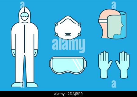 Tuta protettiva, maschera, guanti, occhiali di protezione, visiera. Set di attrezzature per la prevenzione del coronavirus. Delineato su sfondo blu. Protezione personale PPE.Vector Illustrazione Vettoriale