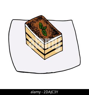 Tiramisù cucina italiana tradizionale. Stile di schizzo disegnato a mano. Immagine vettoriale colorata isolato su sfondo bianco per il menu del ristorante e pacchetto Illustrazione Vettoriale
