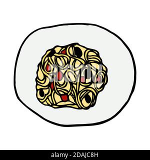 Spaghetti piatti tradizionali italiani. Stile di schizzo disegnato a mano. Immagine vettoriale colorata isolato su sfondo bianco per il menu del ristorante e pacchetto Illustrazione Vettoriale