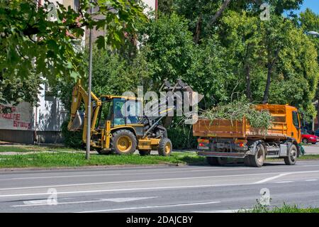 Zrenjanin, 29 luglio 2020. Caricamento meccanizzato di macerie comunali in un camion. Il camion porta tutto nelle discariche della città. Foto Stock