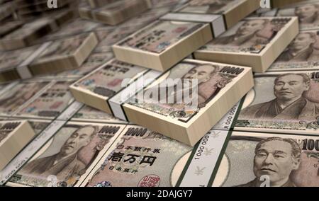Illustrazione 3d yen Money Pack giapponese. Un pacco di banconote JPY. Concetto di finanza, contanti, crisi economica, successo di affari, recessione, banca, Foto Stock