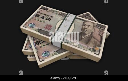 Illustrazione 3d yen Money Pack giapponese. Un pacco di banconote JPY. Concetto di finanza, contanti, crisi economica, successo di affari, recessione, banca, Foto Stock