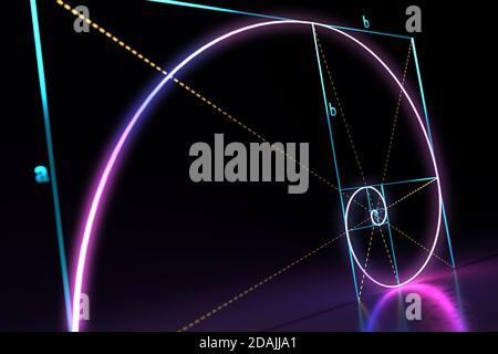 Fibonacci rapporto d'oro spirale su sfondo nero. Illustrazione con rendering 3D. Foto Stock