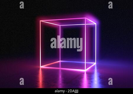 Cubo astratto al neon luminoso in camera oscura. Illustrazione con rendering 3D. Foto Stock