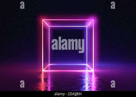 Cubo astratto al neon luminoso in camera oscura. Illustrazione con rendering 3D. Foto Stock