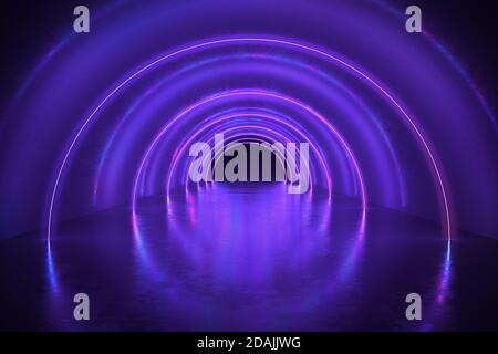 Tunnel astratto o corridoio con luci al neon. Illustrazione con rendering 3D. Foto Stock