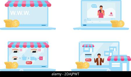 Online mercati oggetti piatti set Illustrazione Vettoriale