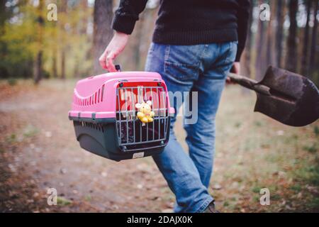 Uomo ancora in foresta trasportando la scatola di trasporto all'interno con animale domestico morto e pala per seppellire l'animale in legno. Perdita dell'animale domestico in autunno. Il maschio va fare un Foto Stock
