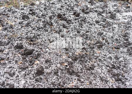 Vista dettagliata del terreno coperto di neve scavato in inverno. Terreno naturale di tessitura invernale Foto Stock