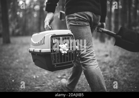 Uomo ancora in foresta trasportando la scatola di trasporto all'interno con animale domestico morto e pala per seppellire l'animale in legno. Perdita dell'animale domestico in autunno. Il maschio va fare un Foto Stock