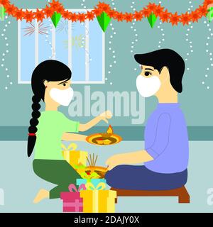 Illustrazione della gente di famiglia indiana che celebra Bhai Dooj con la maschera medica di indossare, diwali felice. Foto Stock