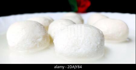 Un Rasgulla dolce indiano conosciuto anche come Rosogolla, Rosogolla, Rasagola, Ras Gulla è un dessert sciropposo popolare in India. Foto Stock