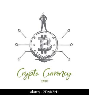 Criptovaluta, digitale, finanza, concetto di moneta. Vettore isolato disegnato a mano. Illustrazione Vettoriale