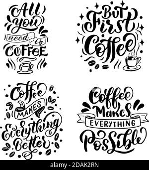 Insieme di citazioni sul caffè, in lettere nere su sfondo bianco, in grafica vettoriale. Per la progettazione di cartoline, poster, stampe per t-shirt Illustrazione Vettoriale