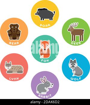 Foresta di animali selvatici raccolta. Set di 7 caratteri cartoni animati nel cerchio con etichette per il nome. Illustrazione vettoriale. Illustrazione Vettoriale