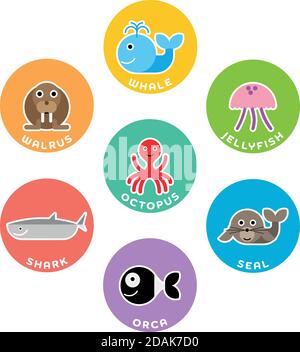 Collezione di animali marini e oceanici. Set di 7 caratteri cartoni animati nel cerchio con etichette per il nome. Illustrazione vettoriale. Illustrazione Vettoriale